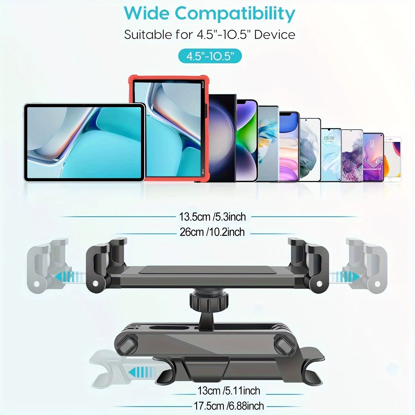 Universal Back Seat Tablet Holder for iPad Air, Mini, Pro (4-13 Inch) - 360° Rotating Headrest Mount with Phone Clamp Stand