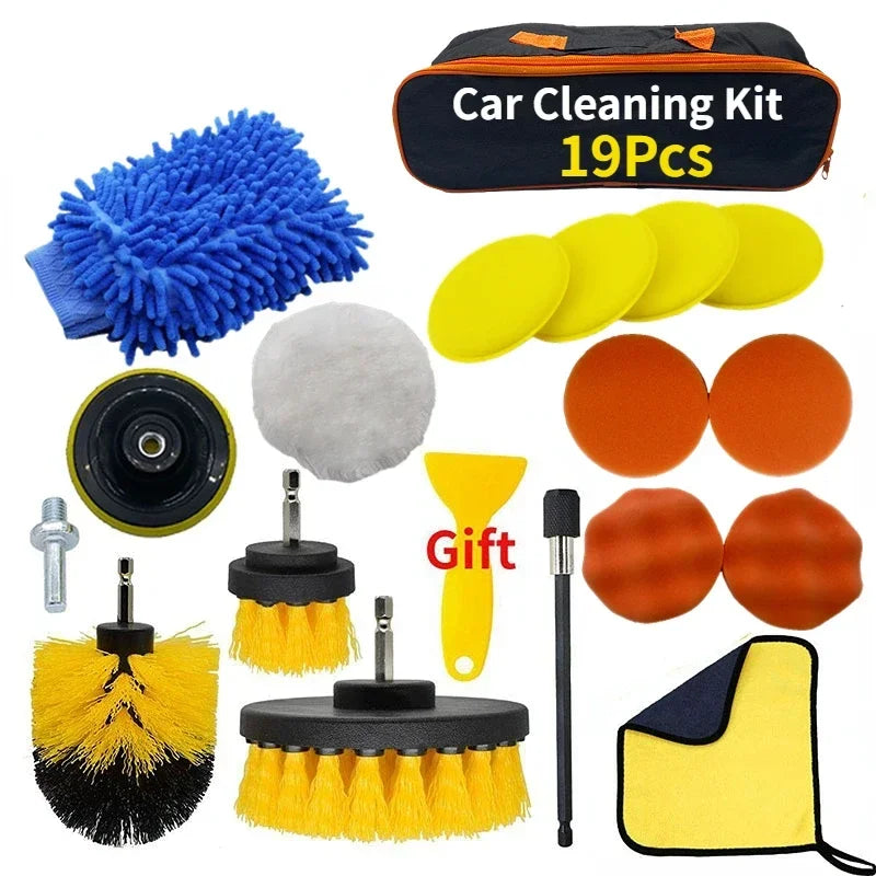 PWS Professional Car Cleaning Kit - Scrubber Drill Detailing Brush Set for Air Conditioner Vents, Towels, and Polishing Tools for Auto Detailing