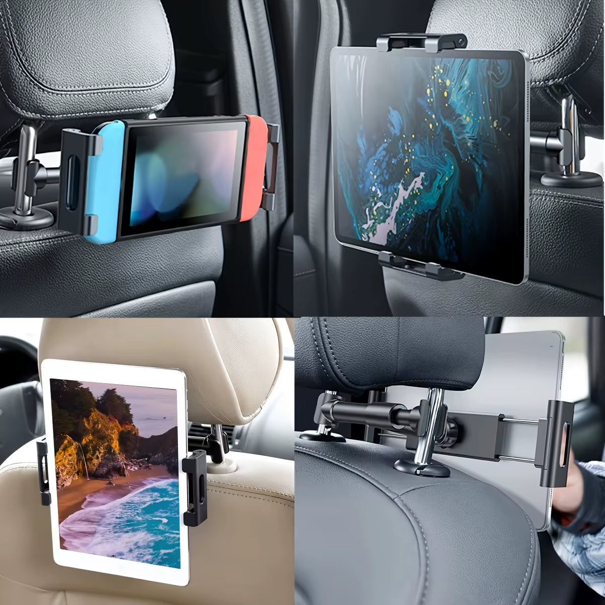 Universal Back Seat Tablet Holder for iPad Air, Mini, Pro (4-13 Inch) - 360° Rotating Headrest Mount with Phone Clamp Stand
