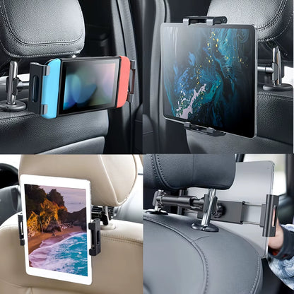 Universal Back Seat Tablet Holder for iPad Air, Mini, Pro (4-13 Inch) - 360° Rotating Headrest Mount with Phone Clamp Stand