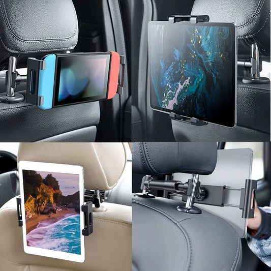 Universal Back Seat Tablet Holder for iPad Air, Mini, Pro (4-13 Inch) - 360° Rotating Headrest Mount with Phone Clamp Stand