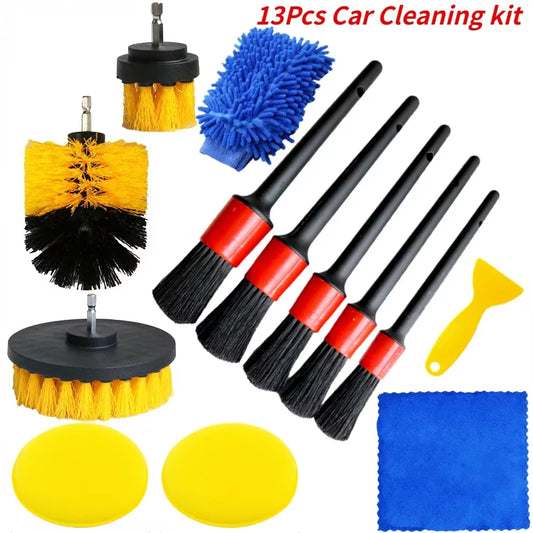 PWS Professional Car Cleaning Kit - Scrubber Drill Detailing Brush Set for Air Conditioner Vents, Towels, and Polishing Tools for Auto Detailing