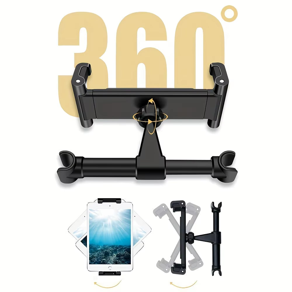 Universal Back Seat Tablet Holder for iPad Air, Mini, Pro (4-13 Inch) - 360° Rotating Headrest Mount with Phone Clamp Stand