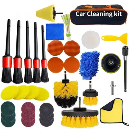 PWS Professional Car Cleaning Kit - Scrubber Drill Detailing Brush Set for Air Conditioner Vents, Towels, and Polishing Tools for Auto Detailing