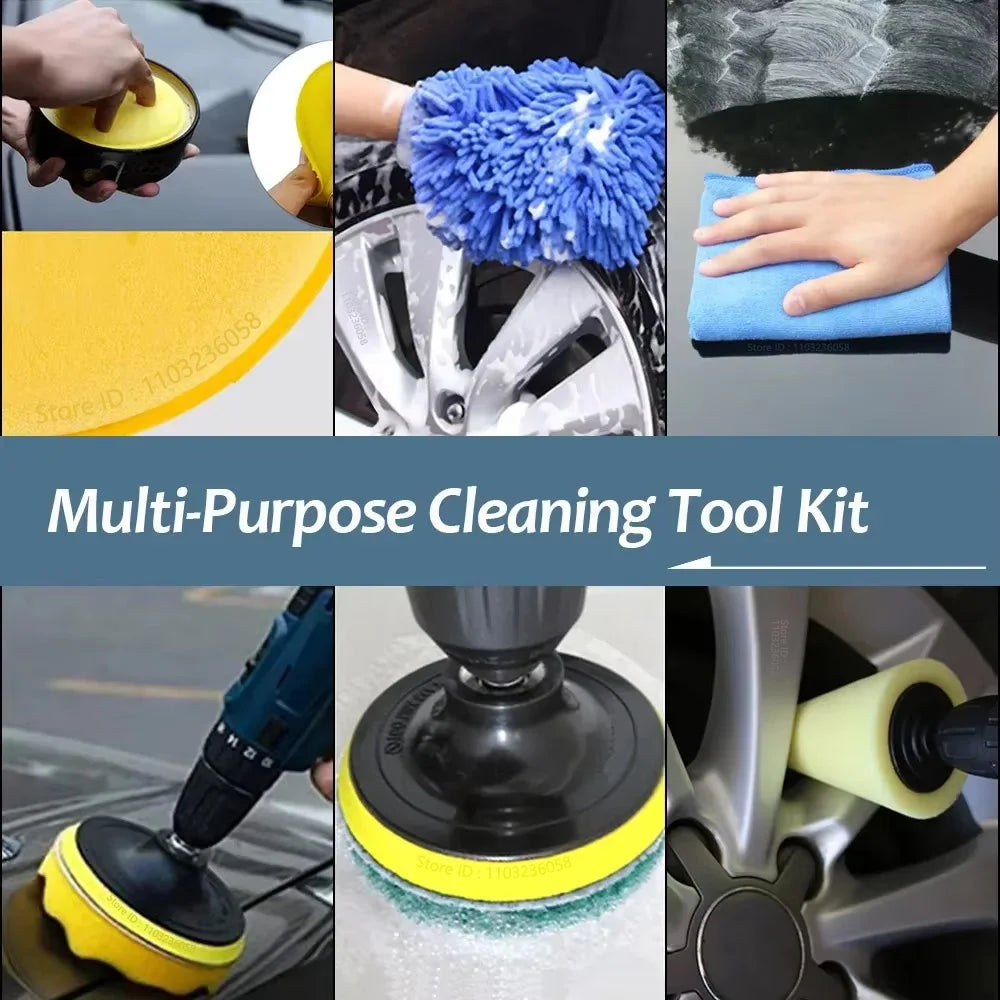 PWS Professional Car Cleaning Kit - Scrubber Drill Detailing Brush Set for Air Conditioner Vents, Towels, and Polishing Tools for Auto Detailing