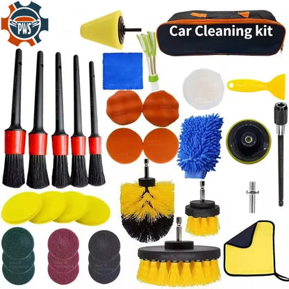PWS Professional Car Cleaning Kit - Scrubber Drill Detailing Brush Set for Air Conditioner Vents, Towels, and Polishing Tools for Auto Detailing