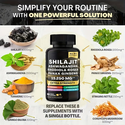 Pure Himalayan Shilajit Supplement Energy Booster With 7 Super Ingredients  Super Powerful Highly Effective  60 Capsules